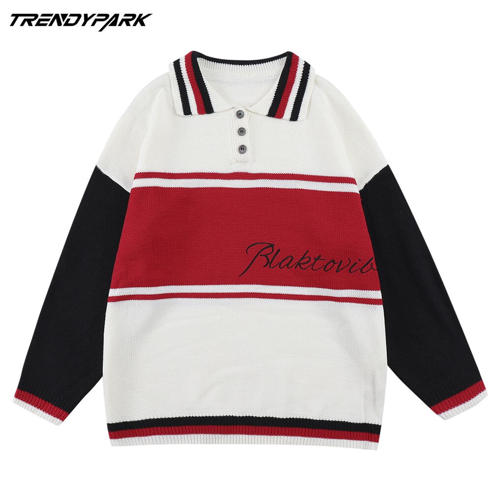 Men&s Pullovers Sweaters Patchwork Colors Embroidery Letters Knitted Streetwear Oversized Harajuku O Neck Knitwear Men Clothing